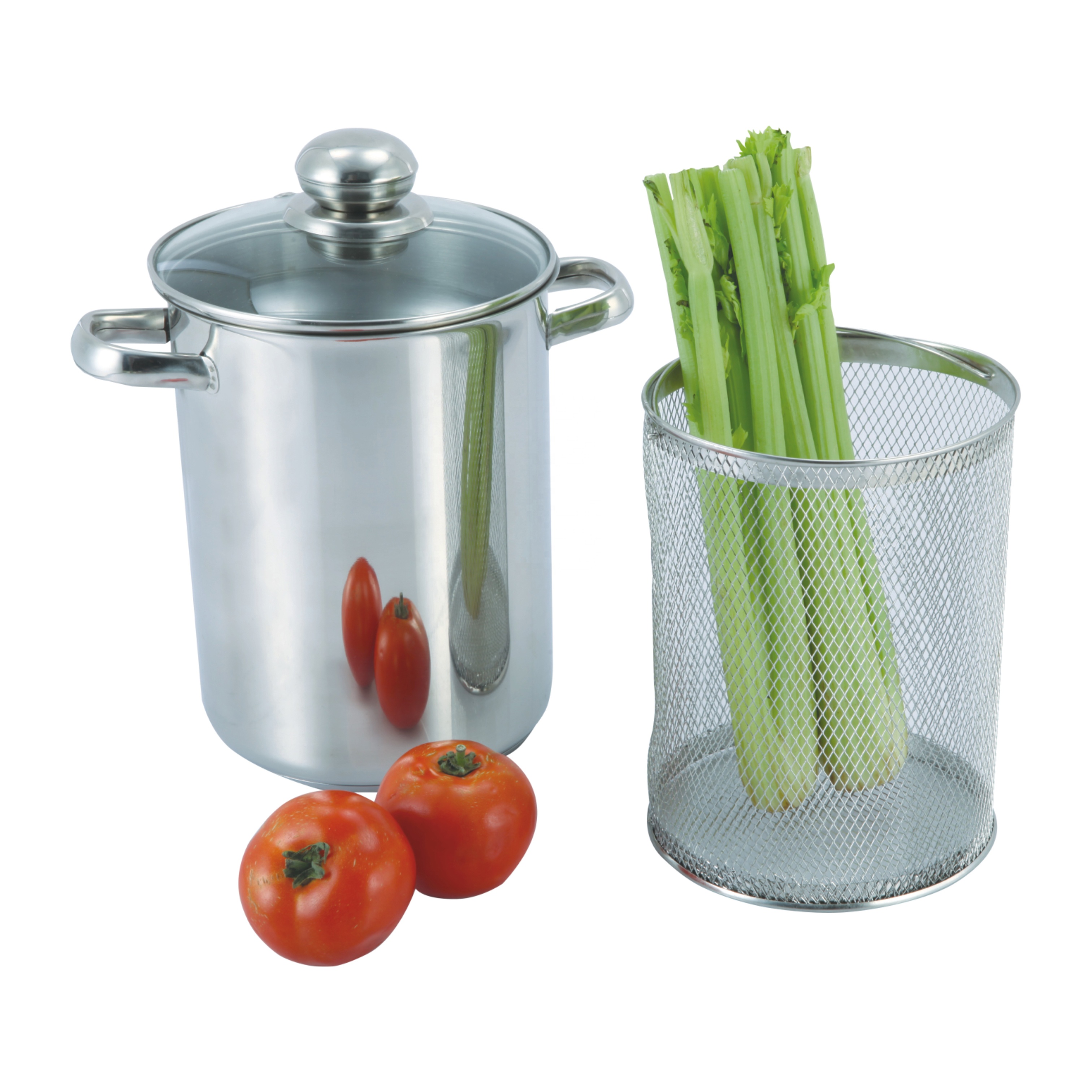 16cm Stainless Steel Asparagus Pot with Perforated Basket with Glass Lid